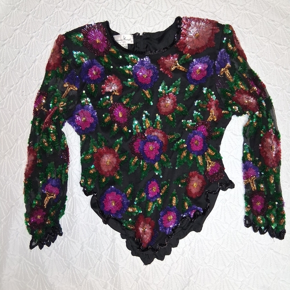 Vintage Larance Kyazer New York Multicolor Sequin Floral Blouse Size PXL - Picture 3 of 16